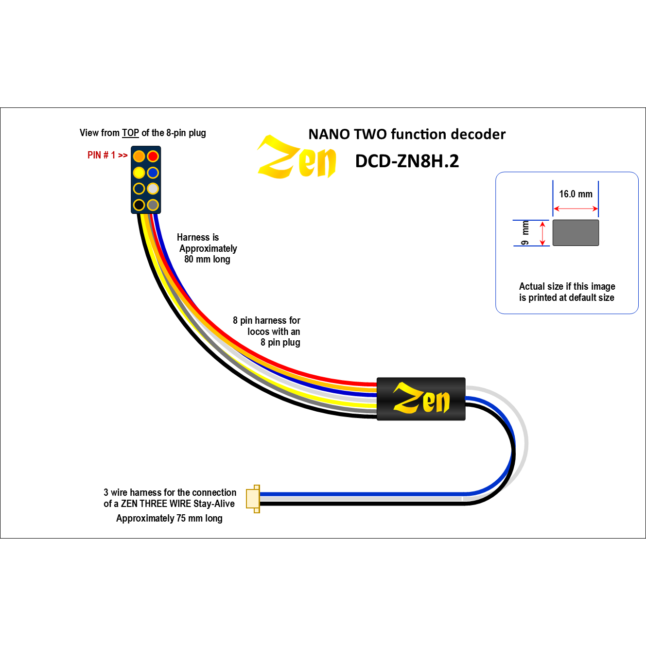 DCC CONCEPTS Zen Black Decoder Super Thin Nano 8 Pin with Harness 2 Function