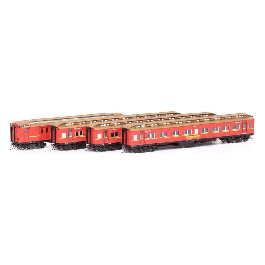 AUSCISION HO Steamrail Carriage Red with Yellow Stripe - 4 Car Set
