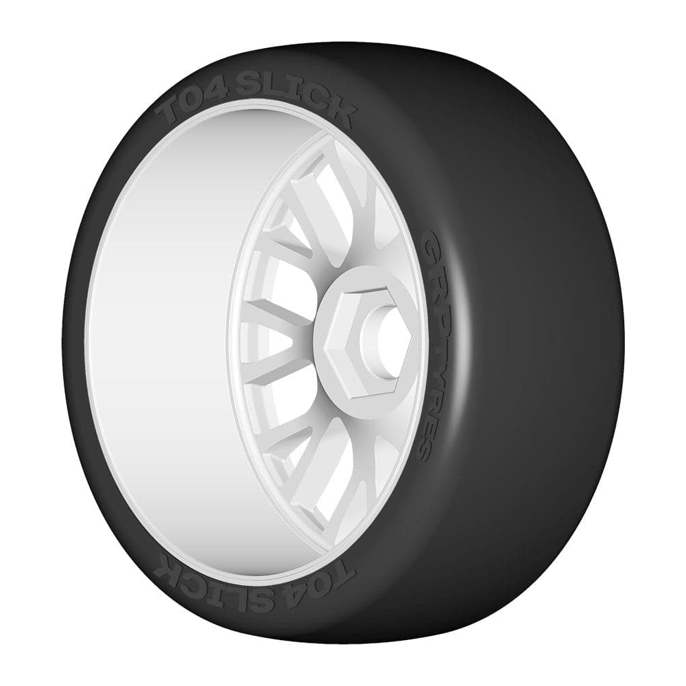 GRP 1/8 GT - T04 Slick - XM2 SuperSoft - Mounted on New 20 Spoked Rigid White Wheel - 1 Pair