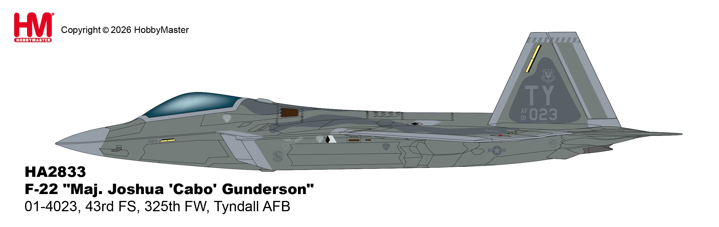 HOBBY MASTER 1/72 F-22 'Maj. Joshua 'Cabo' Gunderson' 01-4023, 43rd FS, 325th FW, Tyndall AFB (w/pilot's signature card)