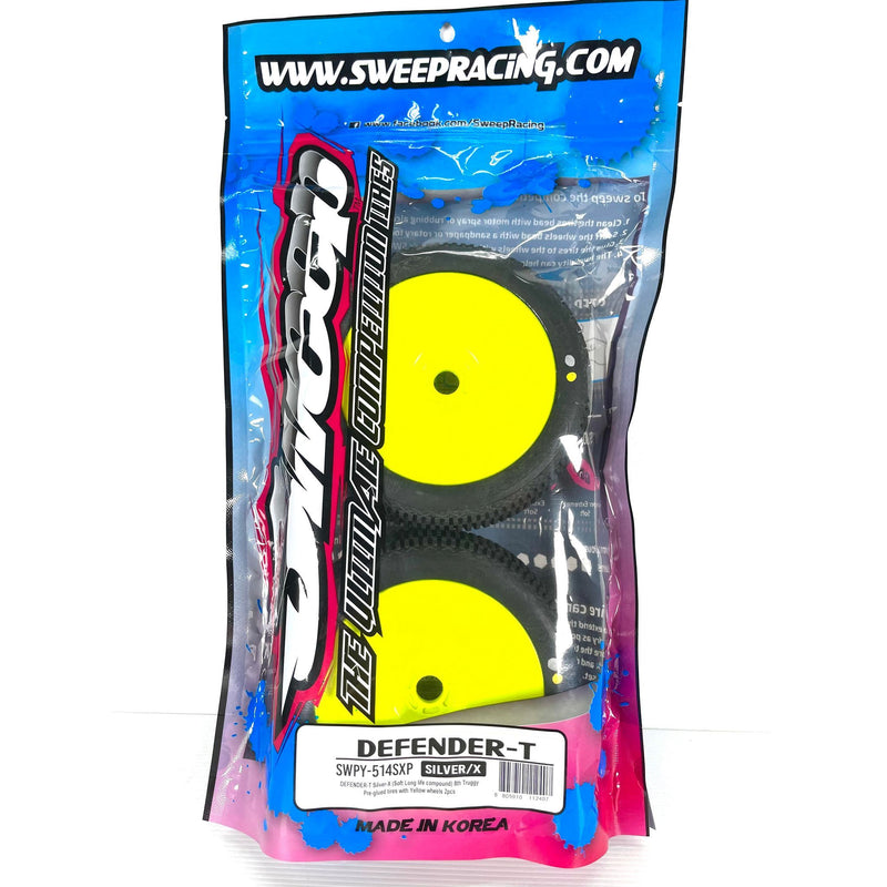 SWEEP Defender-T 1/8 Truggy Silver X  (Soft / X Compound) Pre-Glued Tyres Yellow Wheels 2pcs