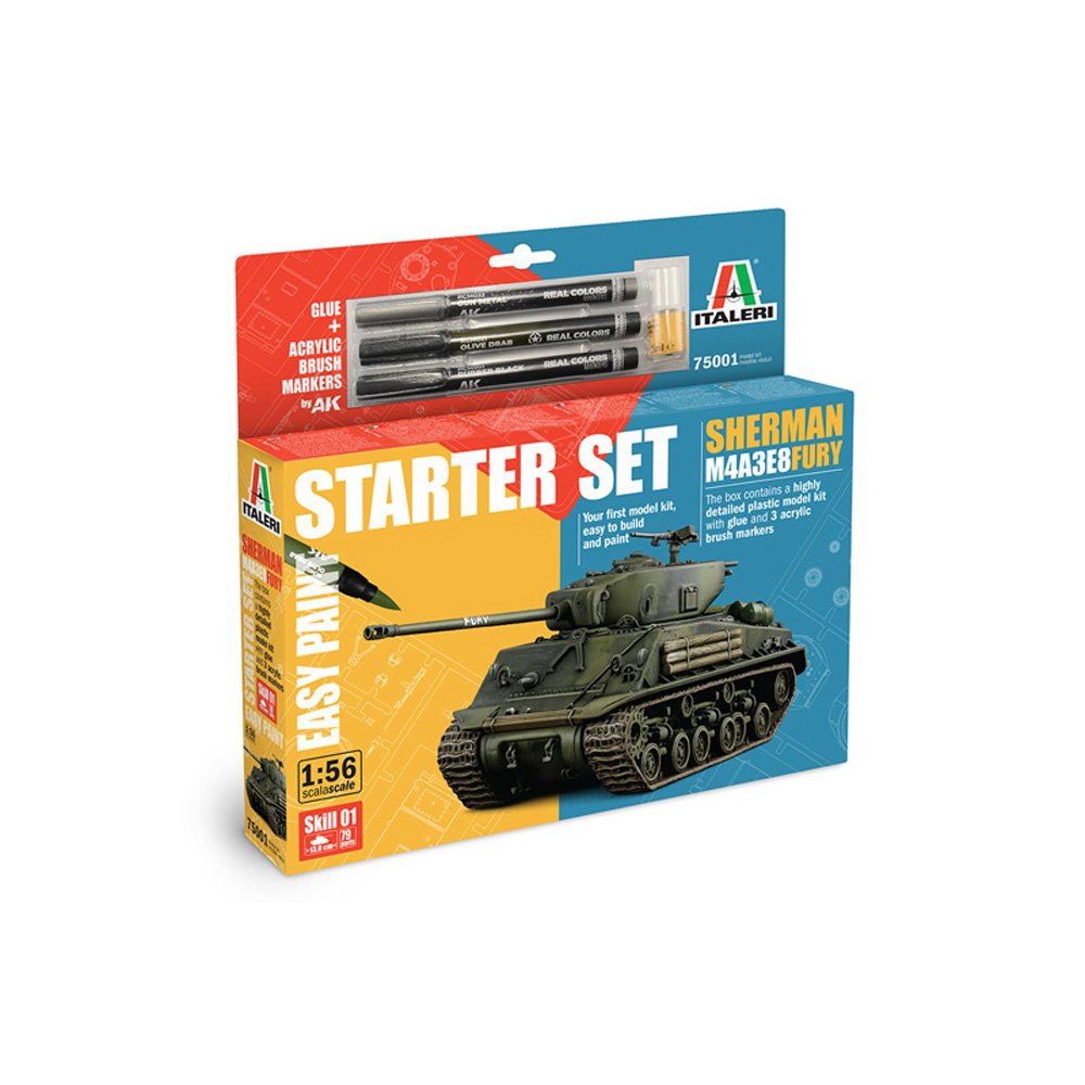 ITALERI 1/56 M4A3E8 Sherman Fury Starter Set- Includes Glue & Acrylic Brush Markers