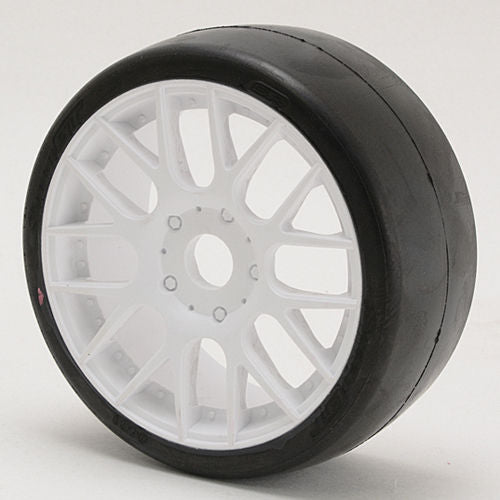SWEEP  GT8 racing slick belted tires 40deg soft compound with White wheels, 2PCS.