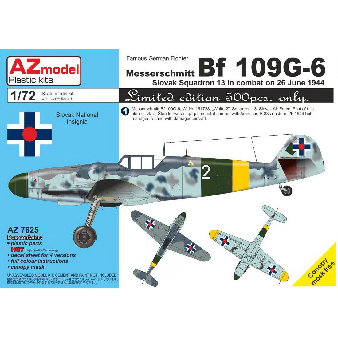 AZ MODEL 1/72 Bf 109G-6 Slovak â€“ LIMITED EDITON Plastic Model Kit [AZ7625]
