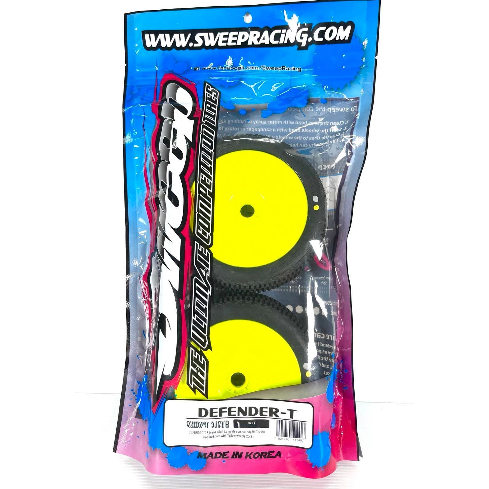 SWEEP Defender-T Yellow  X (Super Soft) 1/8 Truggy Tyres with Yellow wheels and inserts, mounted / unglued.