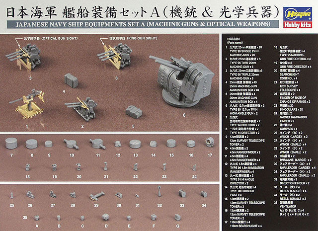 HASEGAWA 1/350 JAPANESE NAVY SHIP EQUIPMENTS SET A (MACHINE GUNS & OPTICAL WEAPONS)