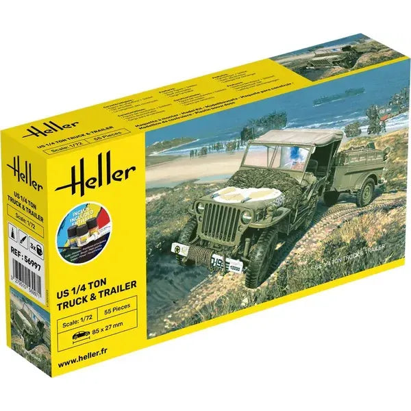 HELLER 1/72 Starter Kit Us 1/4 Ton Truck & Trailer Includes: Cement Brush and Main Paints