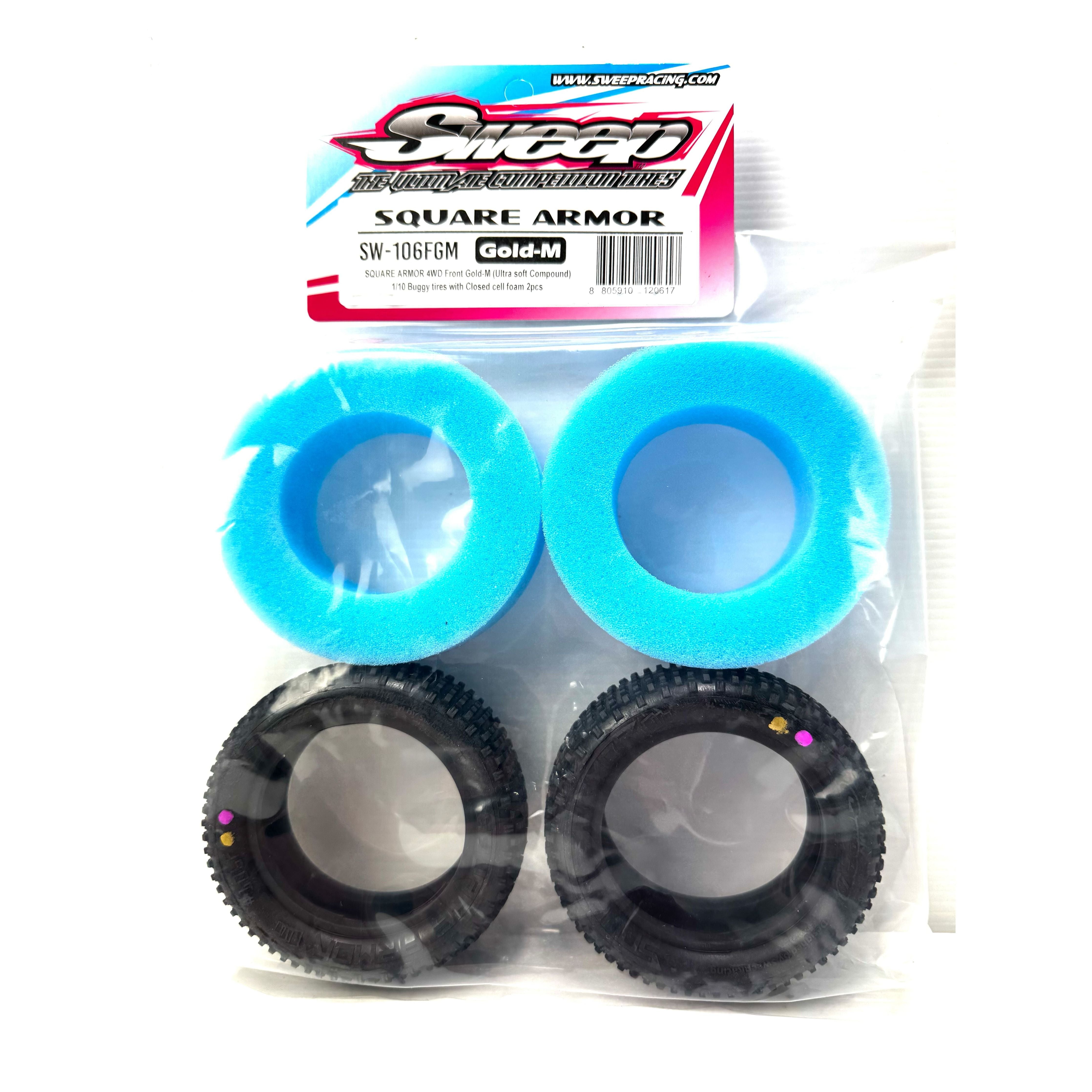 SWEEP Square Armour 1/10 2.2 4wd Buggy Front Tyres Gold Magenta (Clay Ultra Soft Compound) with open cell inserts.