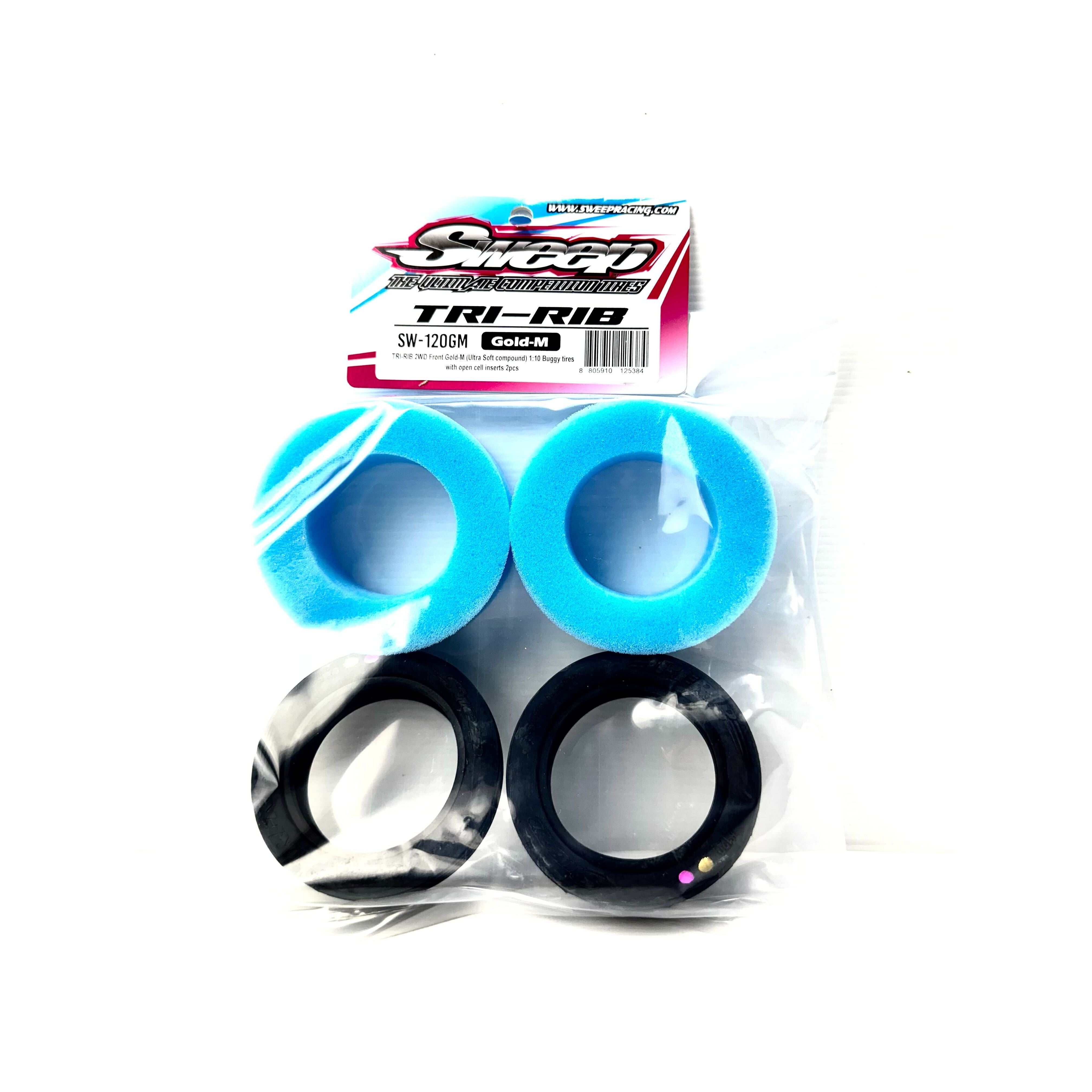 SWEEP 1/10 Tri-Rib 2WD Front Tyres Gold Magenta Compound (clay ultra soft) 2pc with open cell inserts.