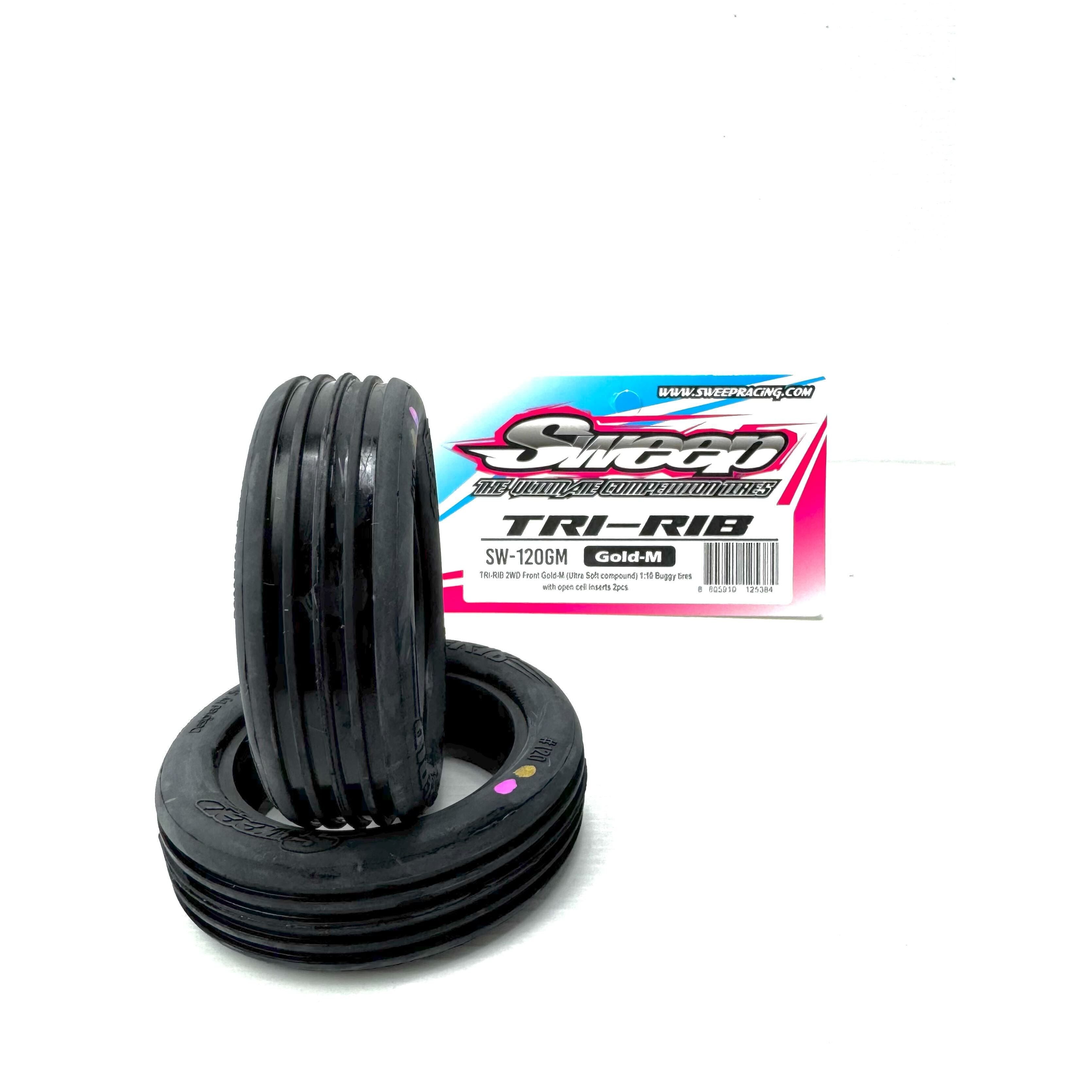 SWEEP 1/10 Tri-Rib 2WD Front Tyres Gold Magenta Compound (clay ultra soft) 2pc with open cell inserts.