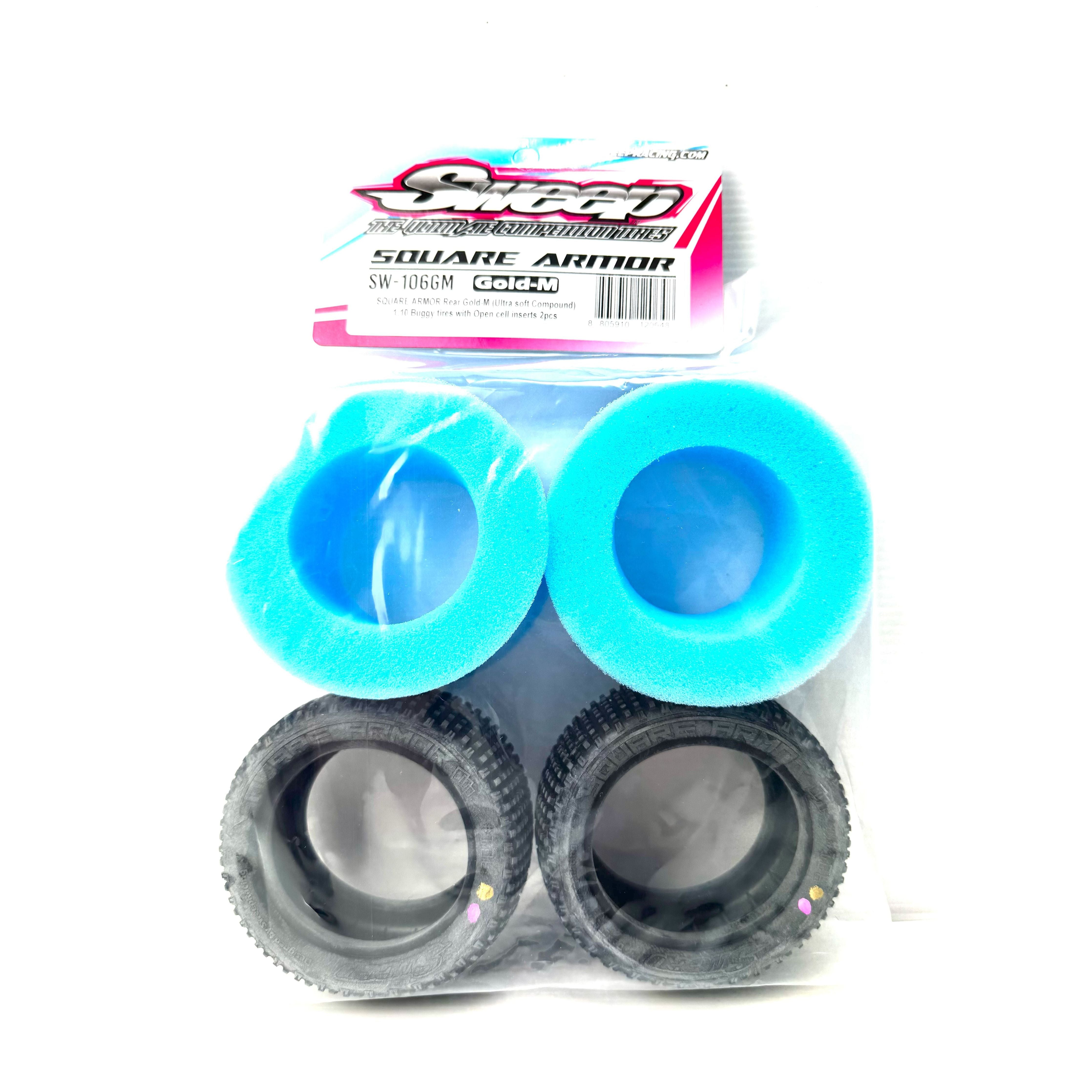 SWEEP Square Armour 1/10 2.2 Buggy Rear Tyres  Gold Magenta (Clay Ultra Soft Compound) with open cell inserts.