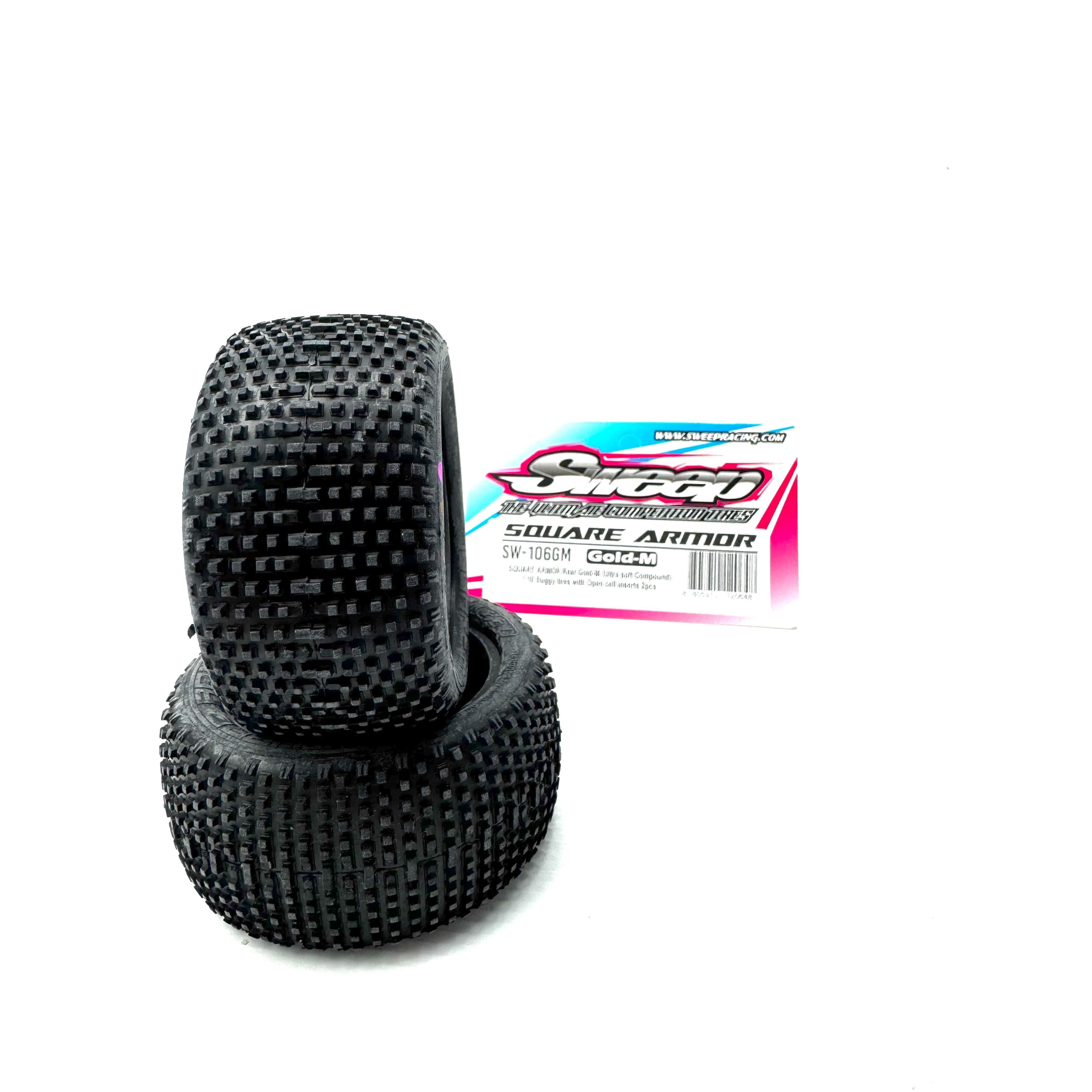 SWEEP Square Armour 1/10 2.2 Buggy Rear Tyres  Gold Magenta (Clay Ultra Soft Compound) with open cell inserts.