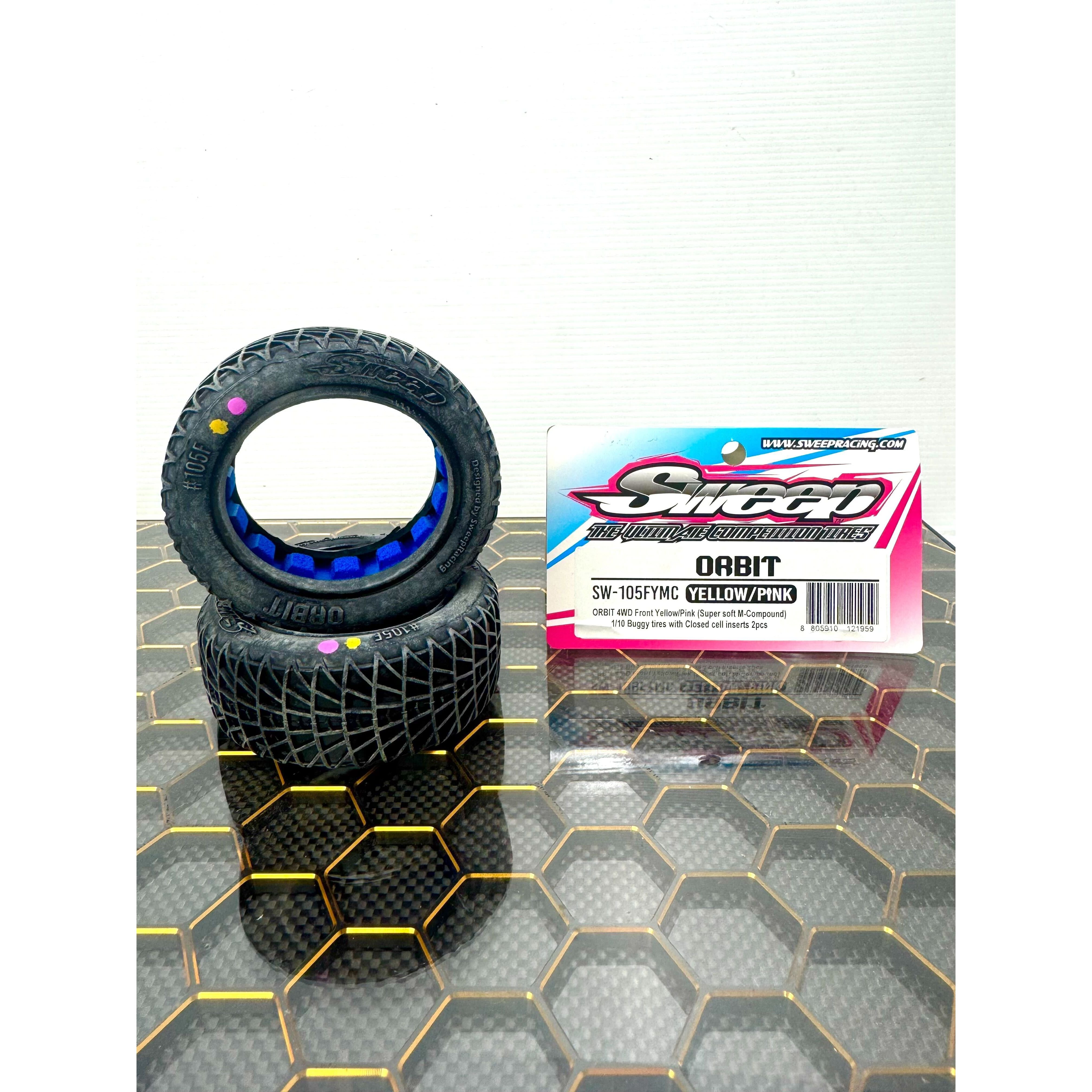 SWEEP 1/10 Off-Road Orbit Front 2wd & 4wd Front Tyre Super Soft Clay Compound Yellow / Magenta Dot with Closed Cell Insert 2pcs