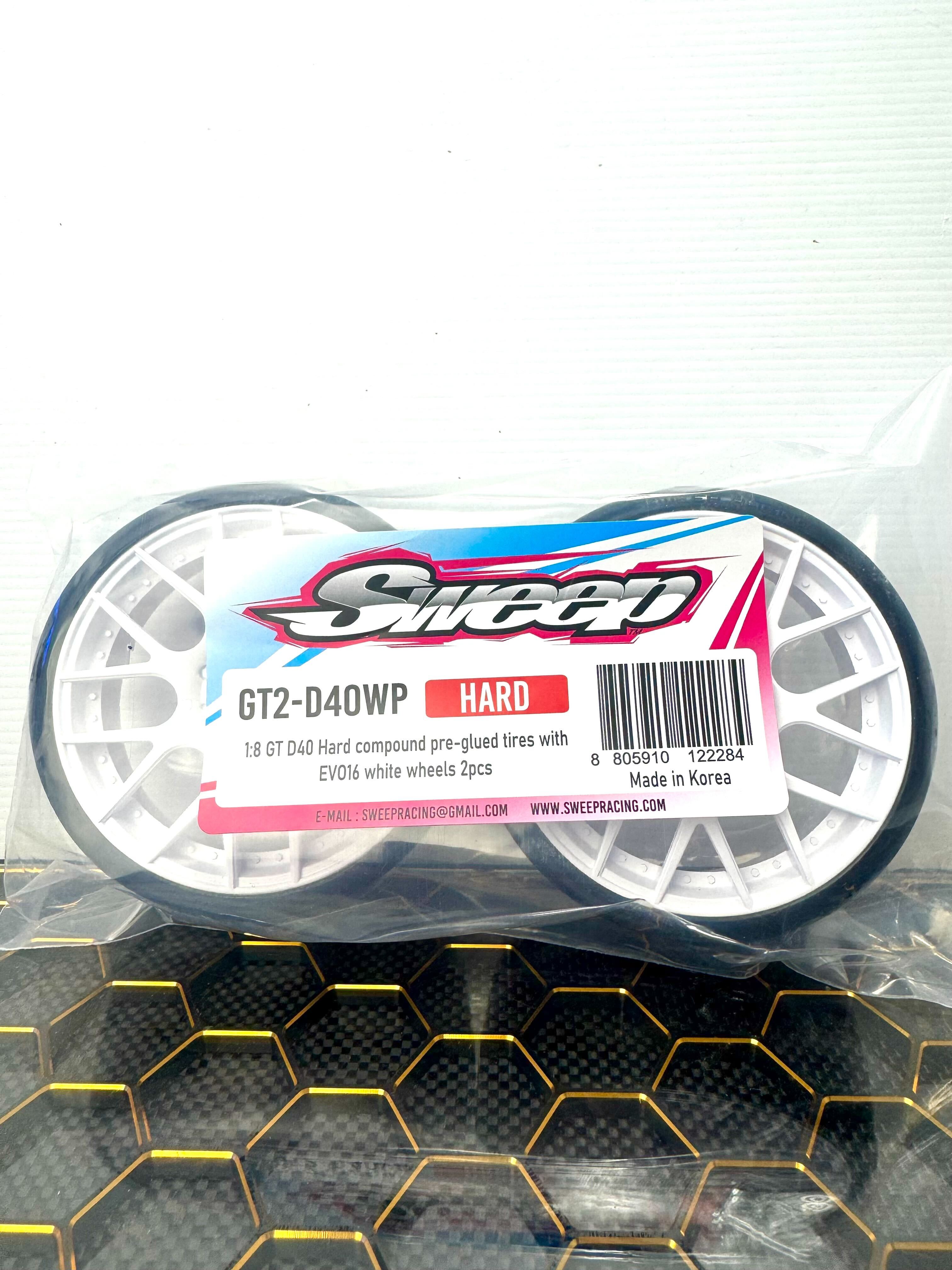 SWEEP 1/8 GT D-COMPOUND Racing Slick, PREMOUNTED ON WHITE WHEELS, WORLD CHAMPIONSHIP OFFICIAL TYRES, 2PCS