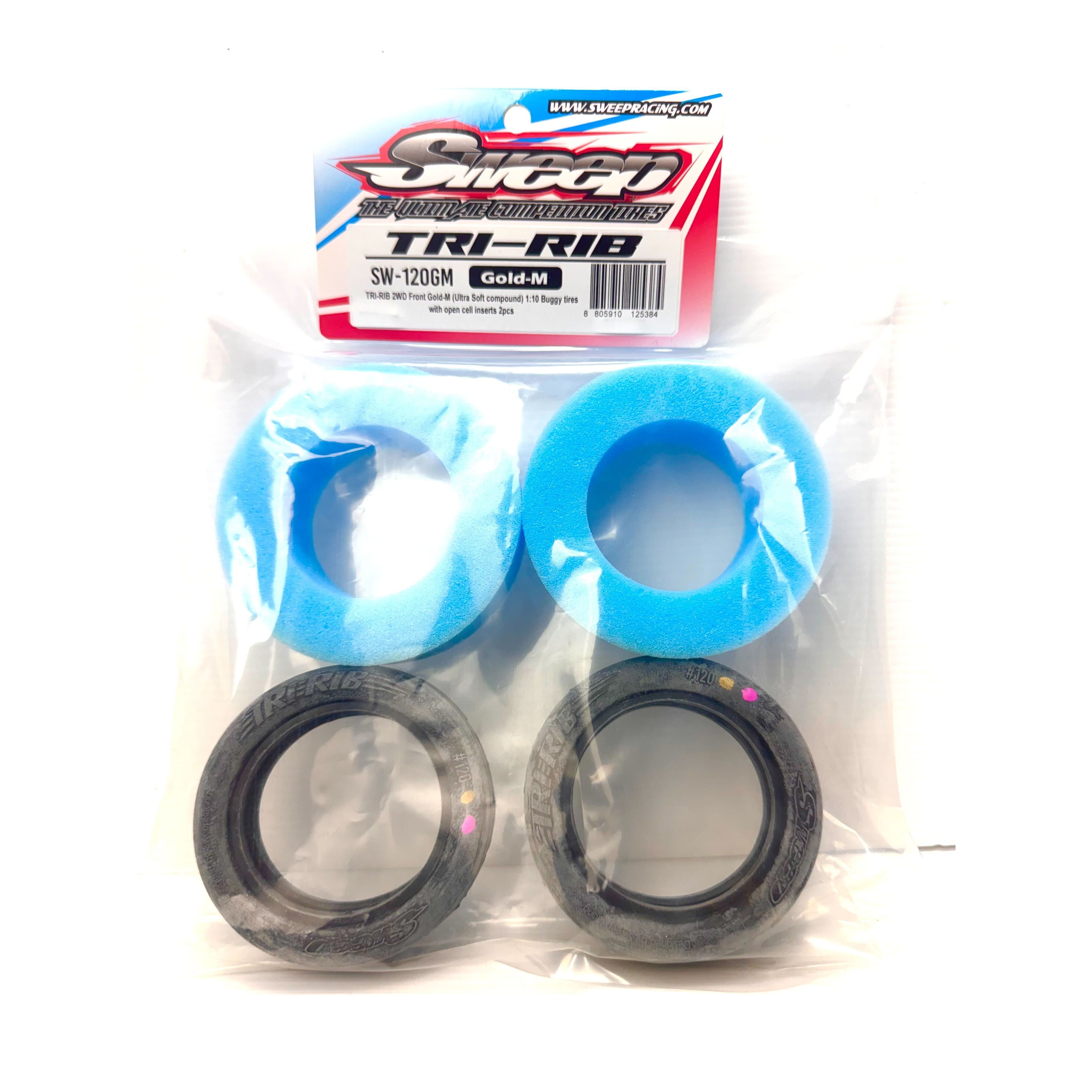 SWEEP 1/10 Tri-Rib 2WD Front Tyres Gold Magenta Compound (clay ultra soft) 2pc with open cell inserts.