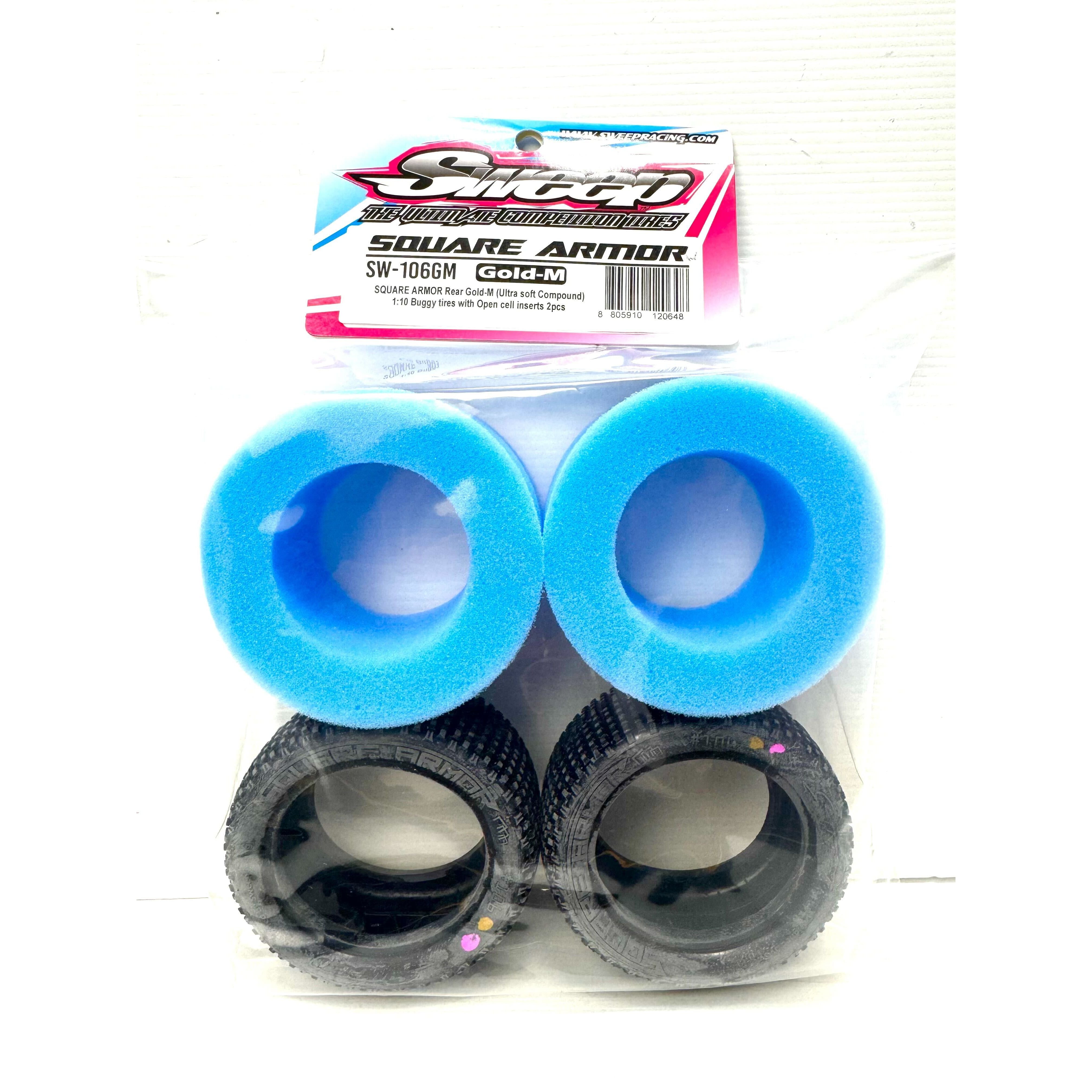 SWEEP 1/10 2.2 Buggy Rear Tyres Square Armour Gold Magenta (Clay Ultra Soft Compound) with open cell inserts.