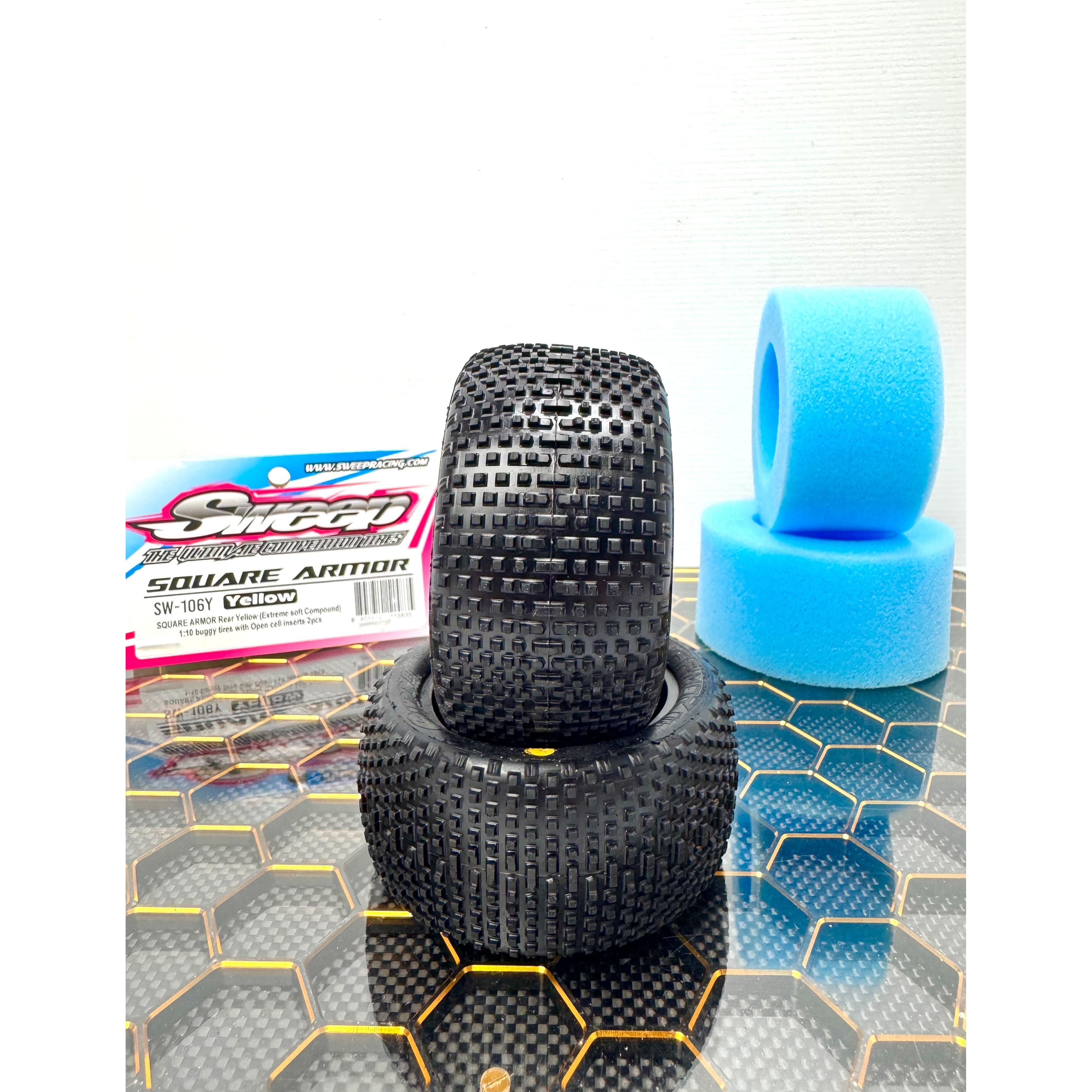 SWEEP 1/10 Buggy Tyres Square Armor Rear Yellow (Super Soft) with Open cell inserts