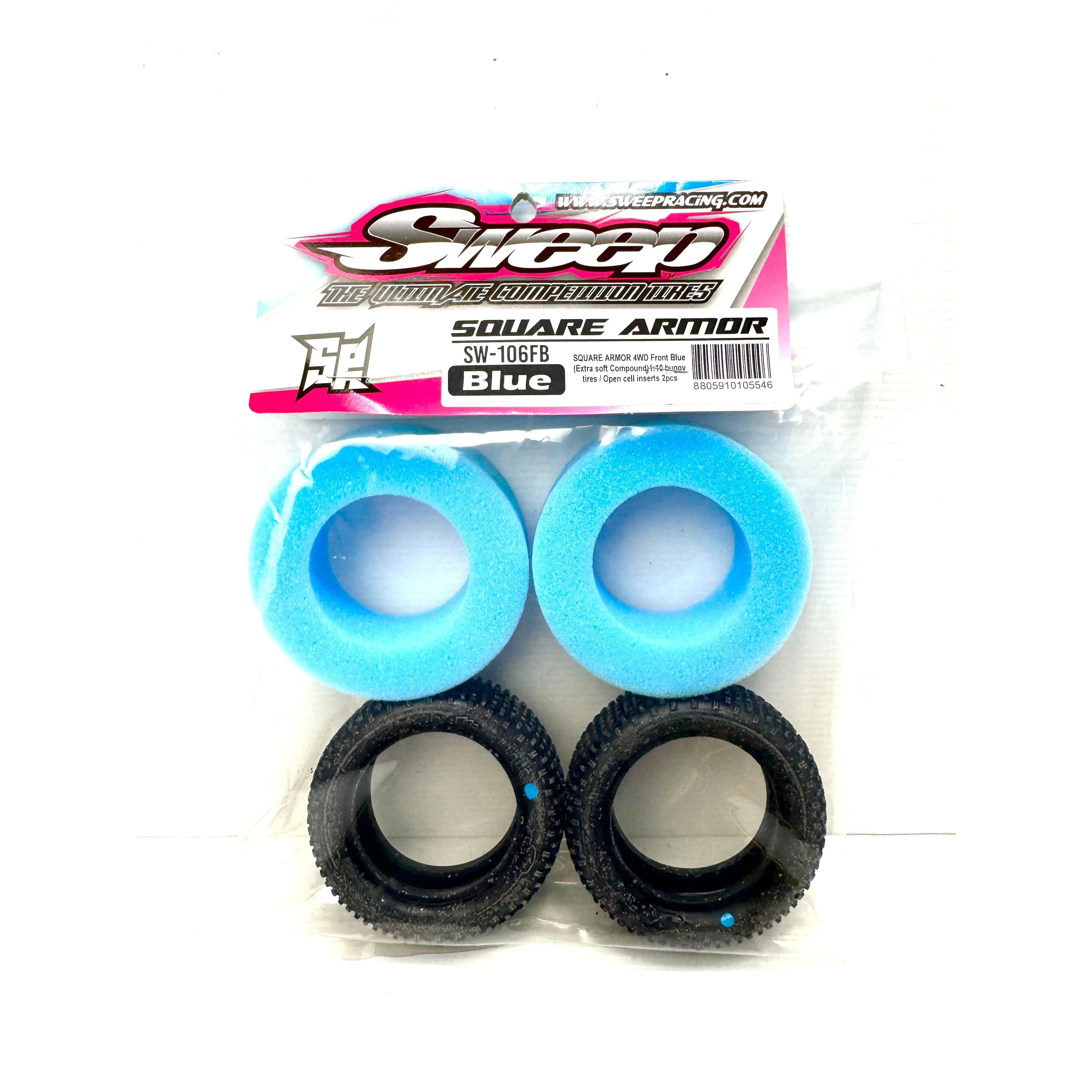 SWEEP 1/10 4WD Buggy Front Tyres Square Armour Blue Dot Medium Compound Open Cell Inserts (2)