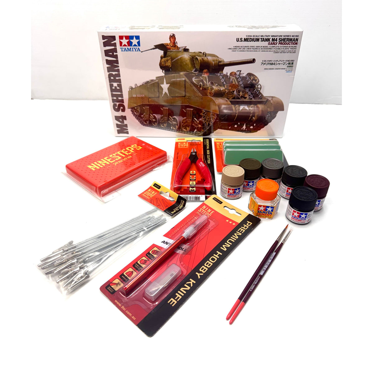 Hearns Hobbies Complete Model Building Starter Bundle – Tamiya 1/35 US M4 Sherman Early Production
