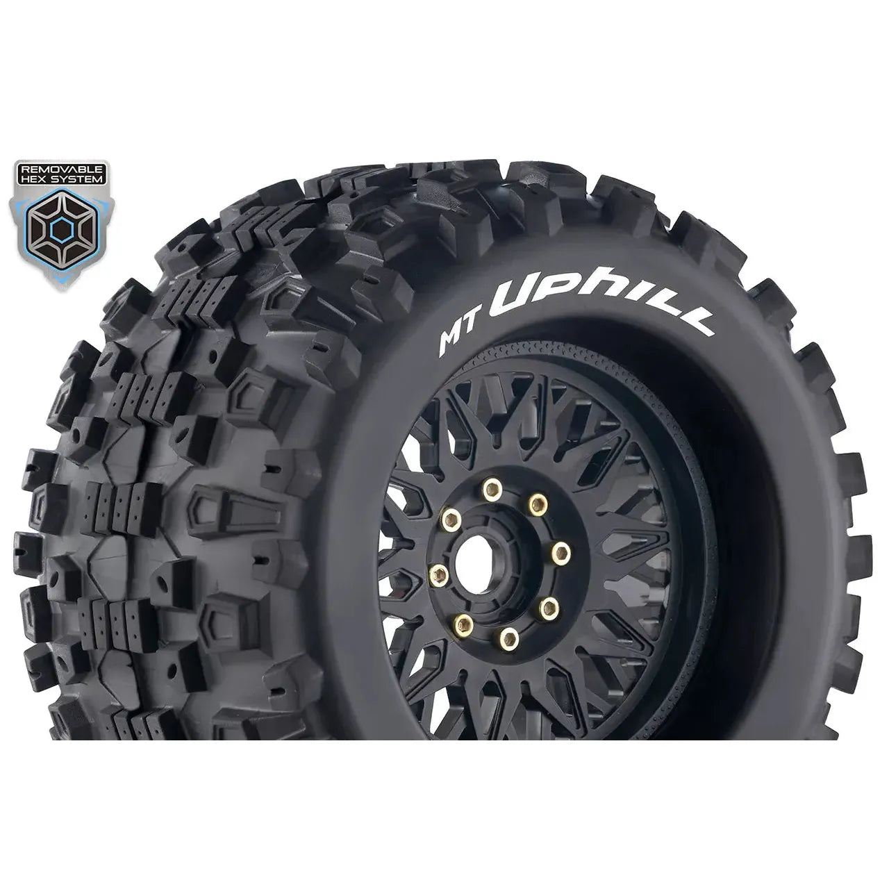 Louise RC - MT-UPHILL - 1-8 Monster Truck Tire Set - Mounted - Sport - Black Wheels - Removable 0 & 1/2 OFFSET HEX 17mm