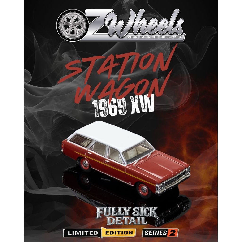 OZ LEGENDS 1/64 R2 Fully Sick Detail OZ Wheels - 1969 Ford XW Station Wagon - Maroon/White