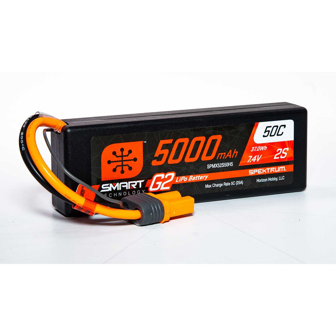 SPEKTRUM 5000mAh 2S 7.4V 50c Smart G2 Hard Case LiPo Battery with IC5 Connector