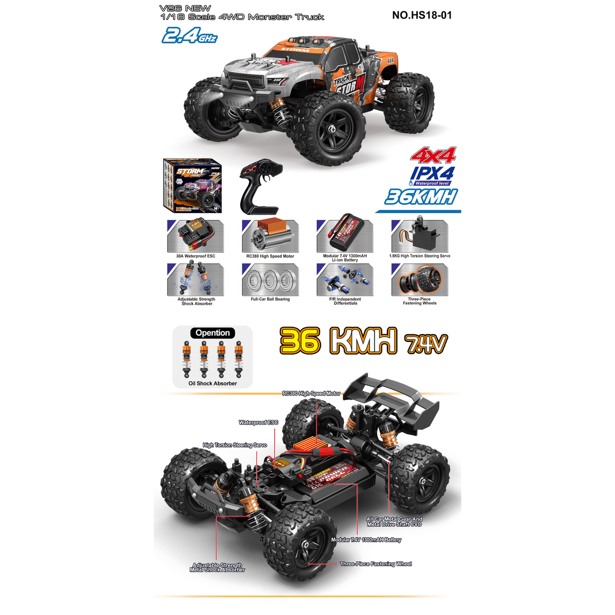 TORNADO 1/18 4WD RTR High speed truck Storm 2.4g 36KM 20 Minute runtime Orange Body V2 2026