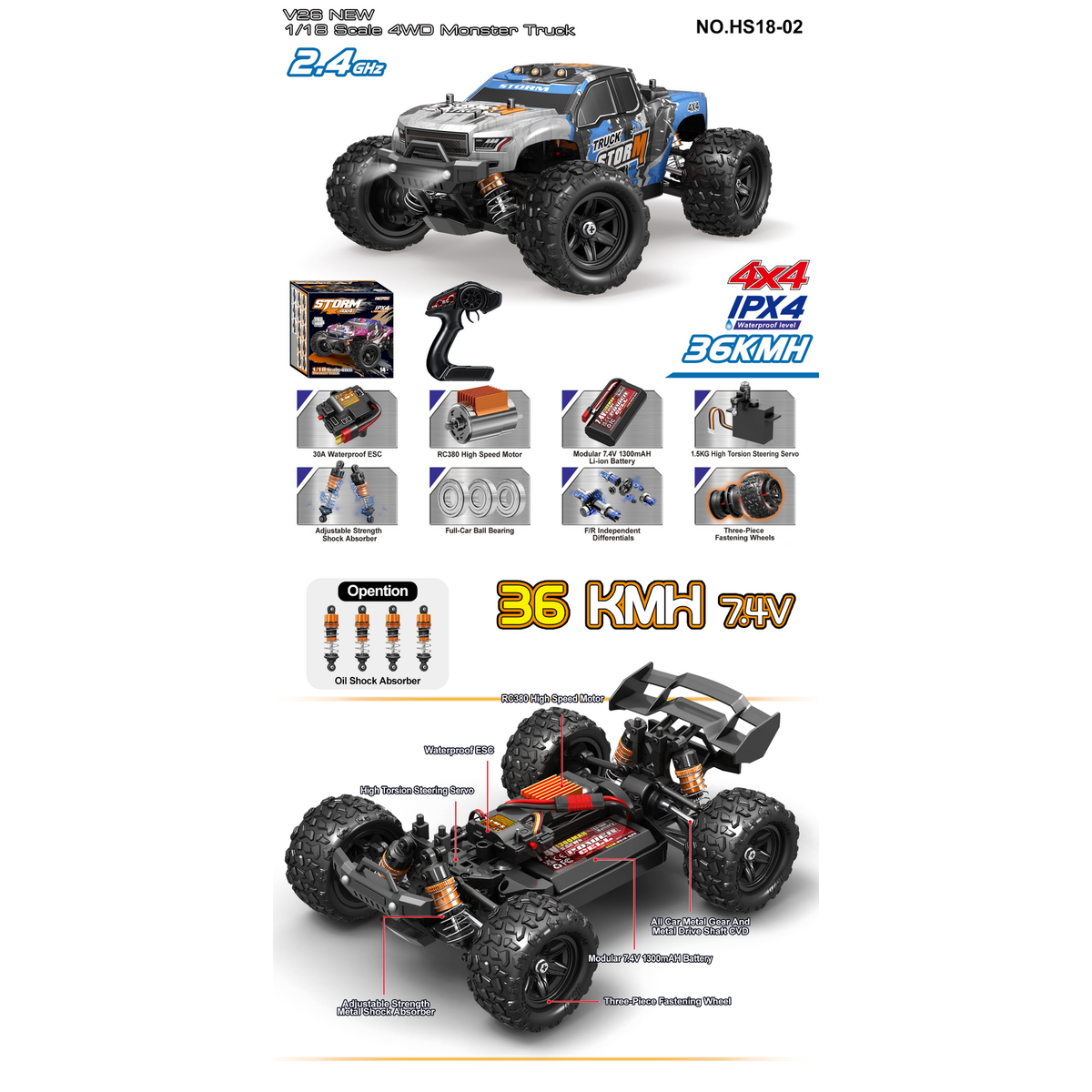 TORNADO 1/18 4WD RTR High speed truck Storm 2.4g 36KM 20 Minute runtime Blue Body V2 2026
