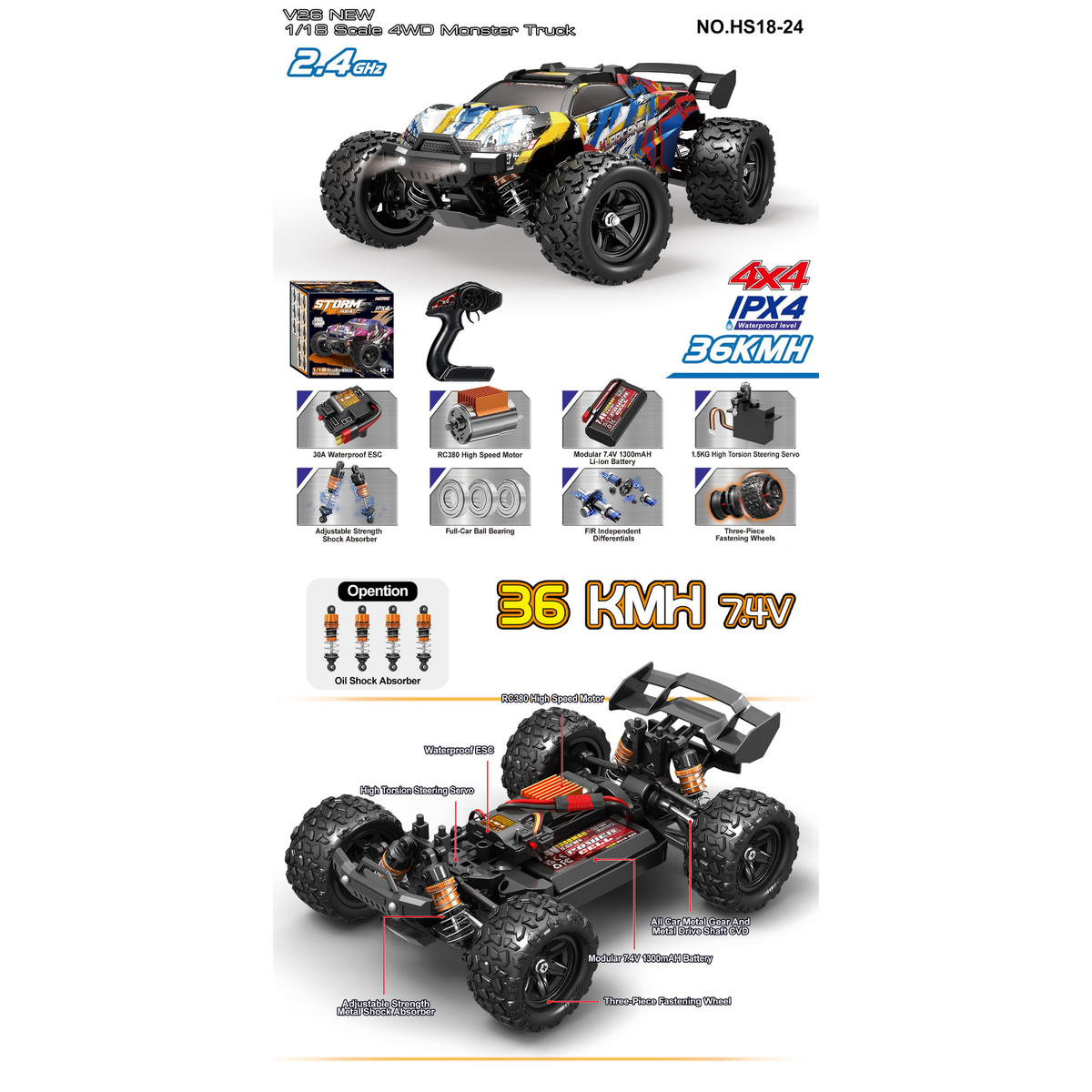 TORNADO 1/18 4WD RTR High speed truck Hurricane 2.4g 36KM 20 Minute runtime Blue/Yell Body V2 2026