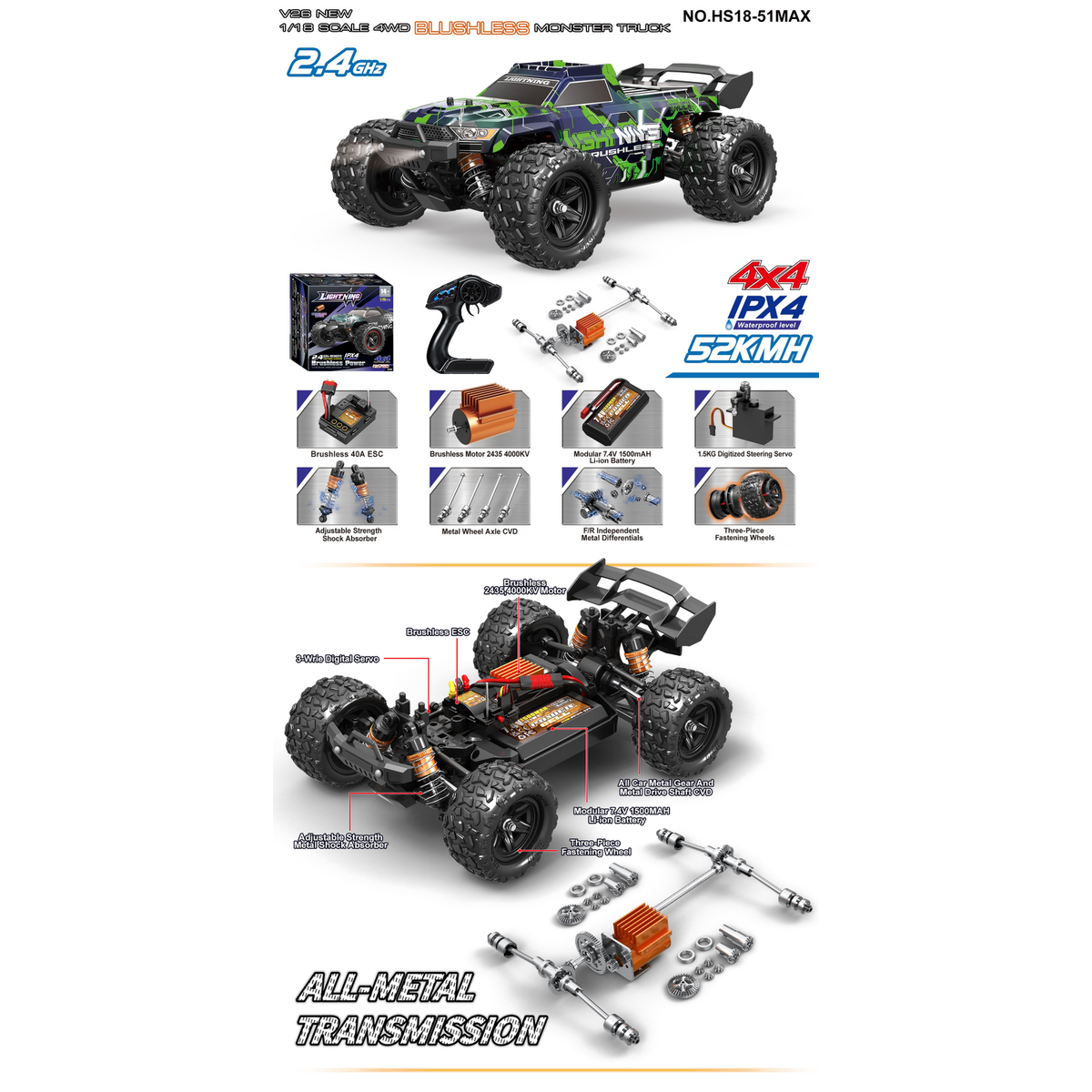 TORNADO 1/18 brushless 4WD RTR High TRUCK 2.4g 52KM Green Body V2 2026