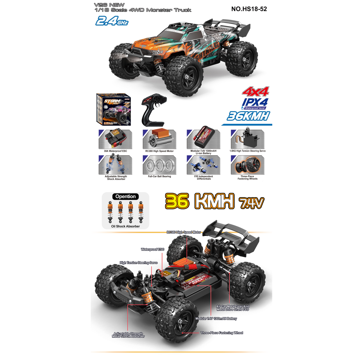 TORNADO 1/18 4WD RTR High speed truck 2.4g 36KM 20 Minute runtime Camo Orange multi Body V2 2026