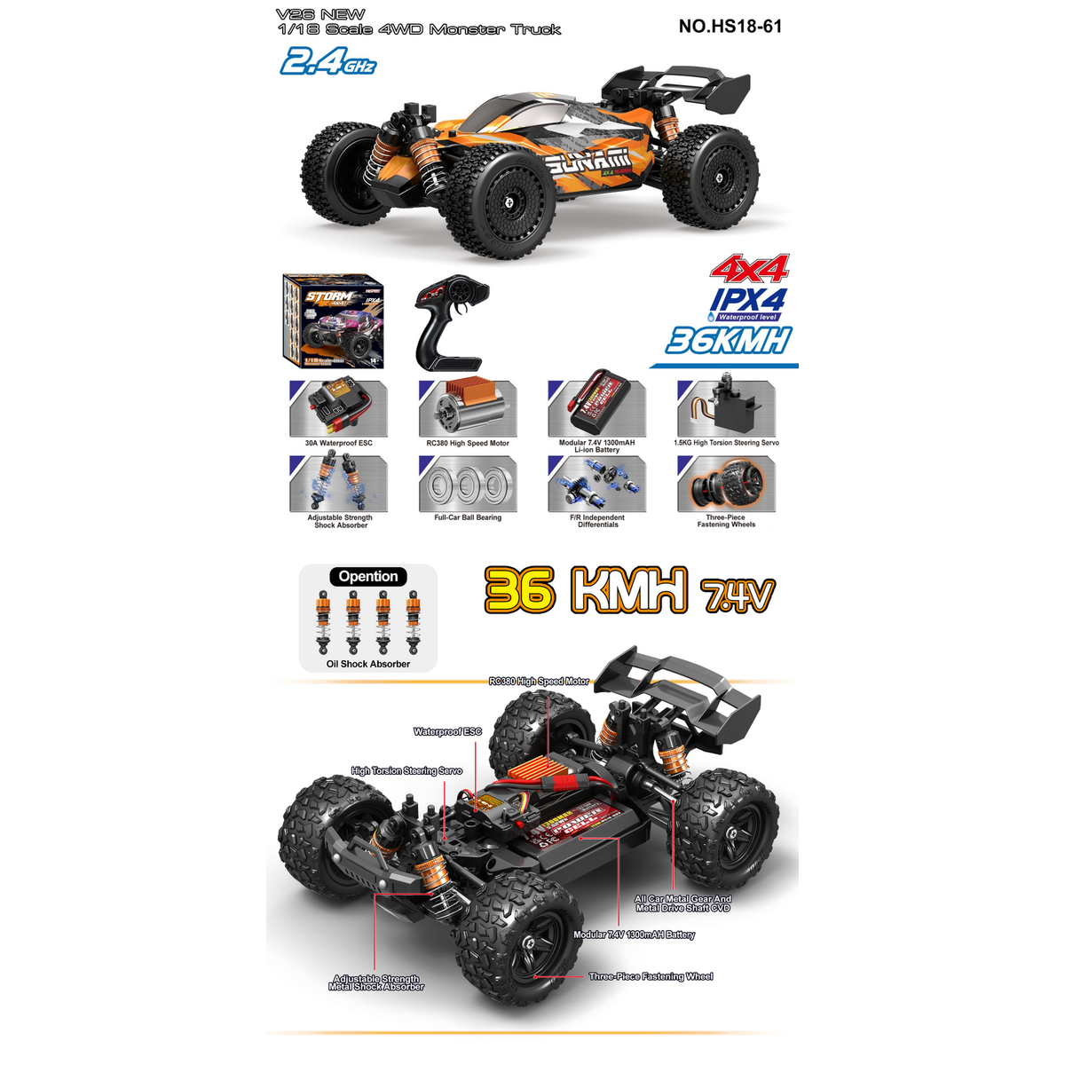 TORNADO 1/18 4WD RTR High speed buggy 2.4g 36KM 20 Minute runtime Camo Orange Body V2 2026