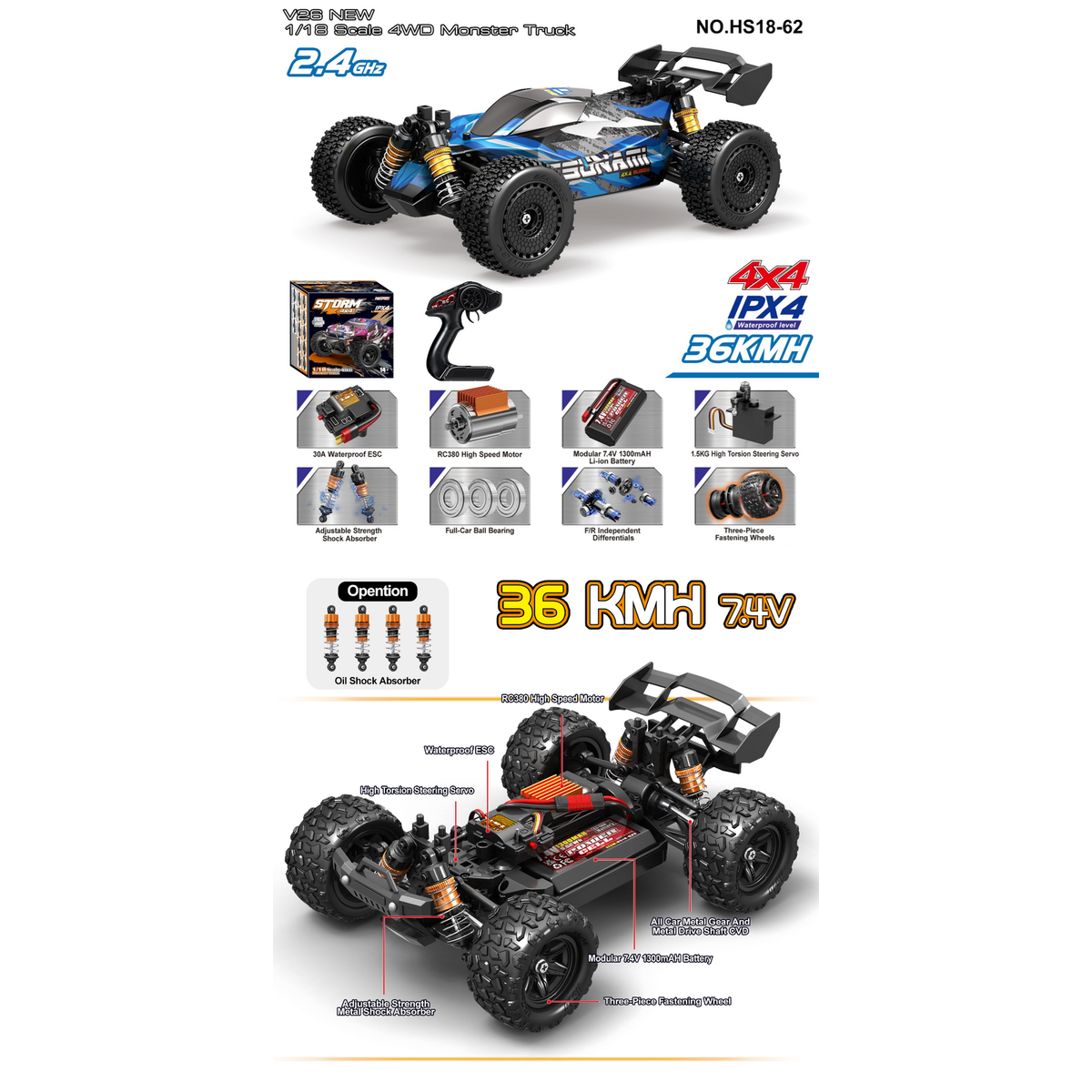 TORNADO 1/18 4WD RTR High speed buggy 2.4g 36KM 20 Minute runtime Blue Body V2 2026