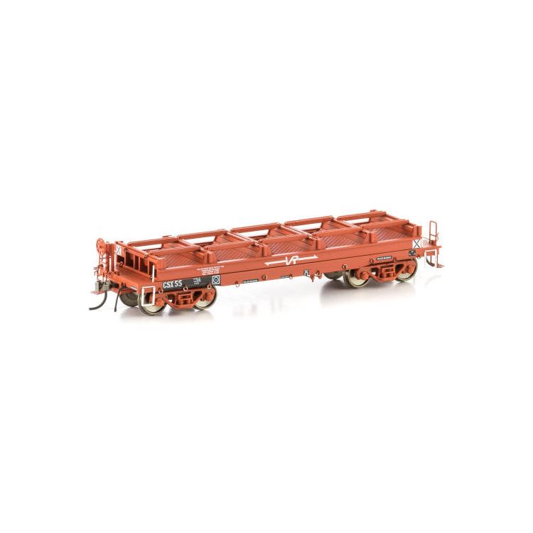 AUSCISION HO CSX Coil Steel Wagon, VR Wagon Red Small VR Logo No Tarpoaulin Support Hoops - 4 Car Pack