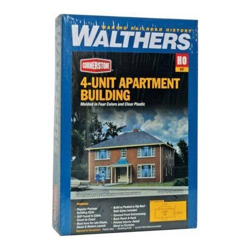 WALTHERS HO Four-Unit Brick Apartment Building -- Kit - 5-3/4 x 5-13/16 x 3-5/8" 14.6 x 14.7 x 9.2cm