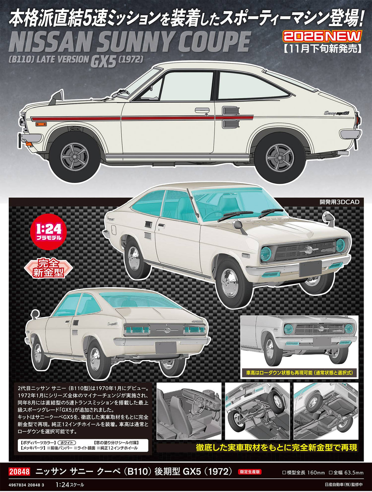 HASEGAWA 1/24 NISSAN SUNNY COUPE (B110) LATE VERSION GX5 (1972)