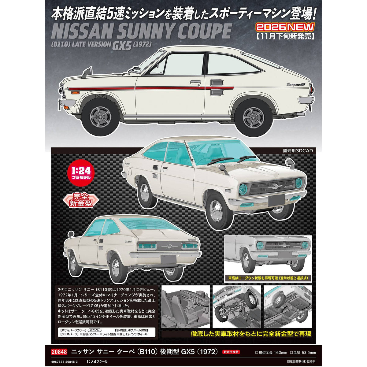 HASEGAWA 1/24 NISSAN SUNNY COUPE (B110) LATE VERSION GX5 (1972)