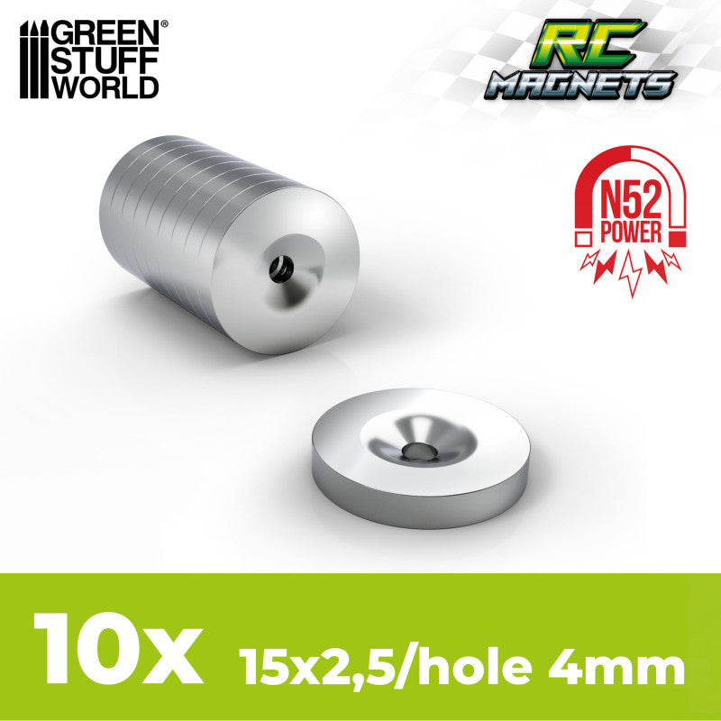 GREEN STUFF WORLD Neodymium Magnets 15x2,5mm with hollow - 10 units (N52)