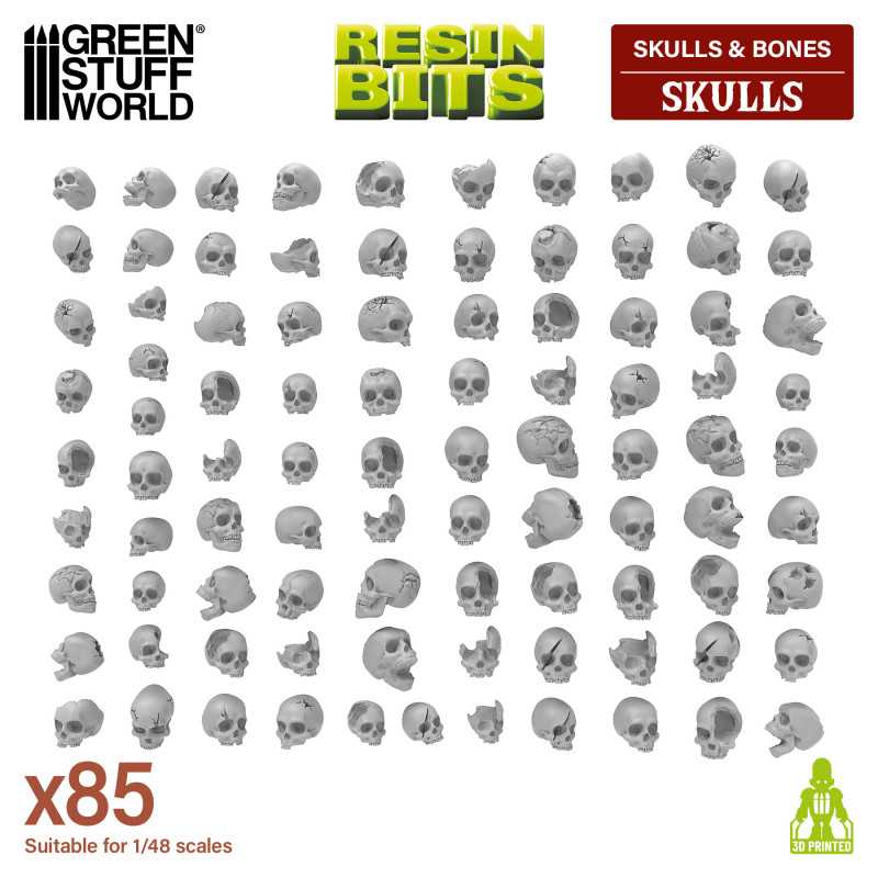 GREEN STUFF WORLD 85x Resin Skulls 1:48-1:35