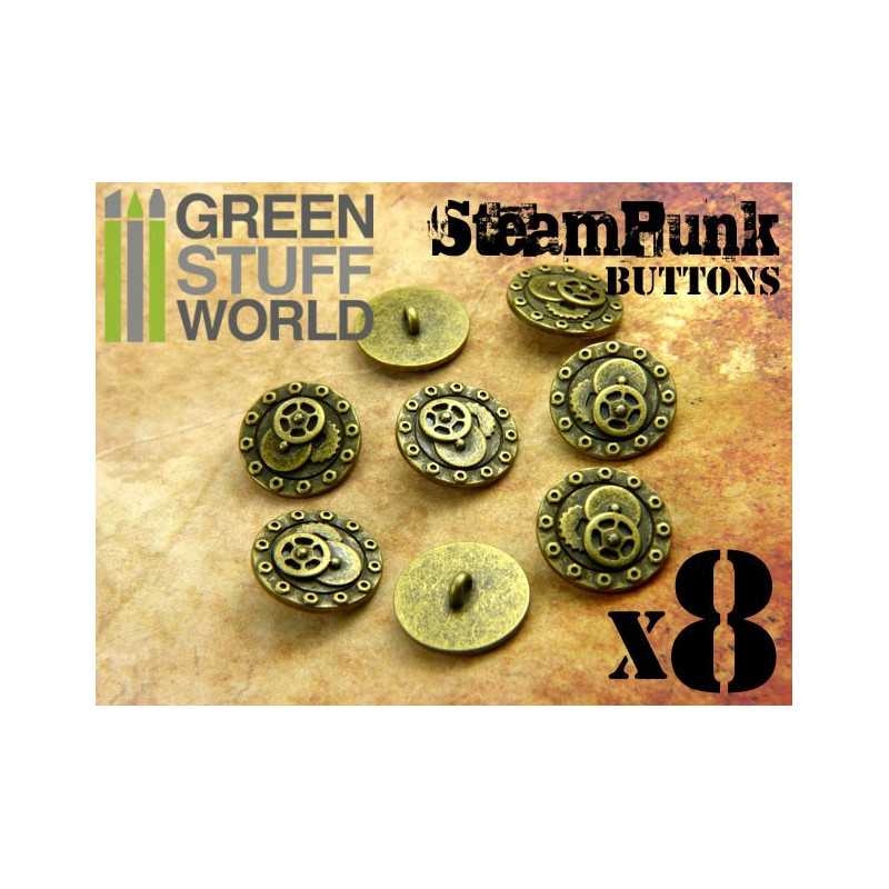 GREEN STUFF WORLD 8x Steampunk Buttons BOLTS and GEARS - Antique Gold