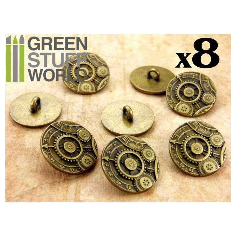 GREEN STUFF WORLD 8x Steampunk Buttons GEARS MECHANISM - Antique Gold