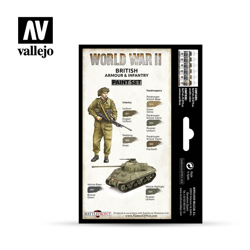 VALLEJO Model Colour WWII British Armour & Infantry Acrylic 6 Colour Paint Set