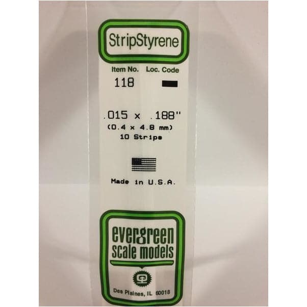 EVERGREEN 118 White Styrene Strip .015 x .188 (10)