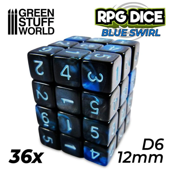 GREEN STUFF WORLD 36x D6 12mm Dice - Blue Swirl