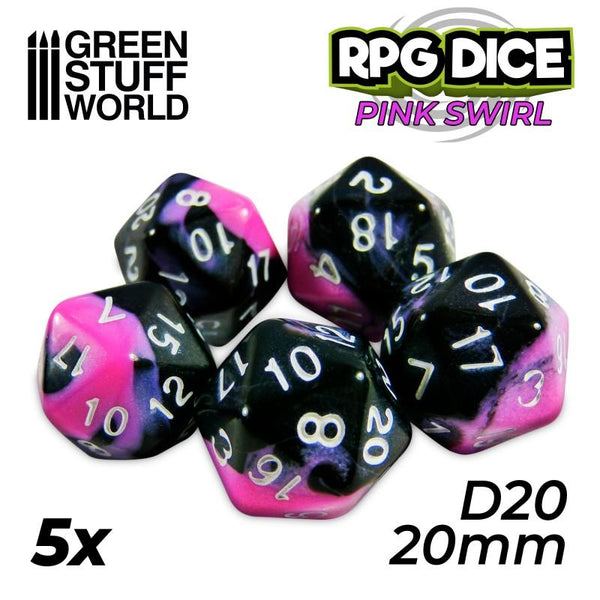 GREEN STUFF WORLD 5x D20 20mm Dice - Pink Swirl