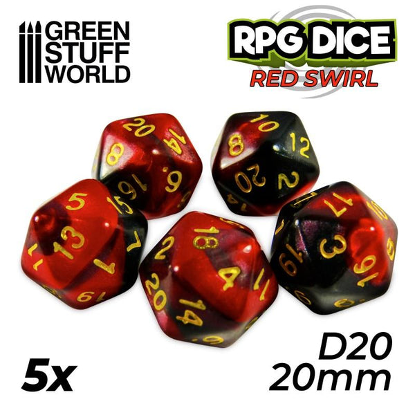 GREEN STUFF WORLD 5x D20 20mm Dice - Red Swirl