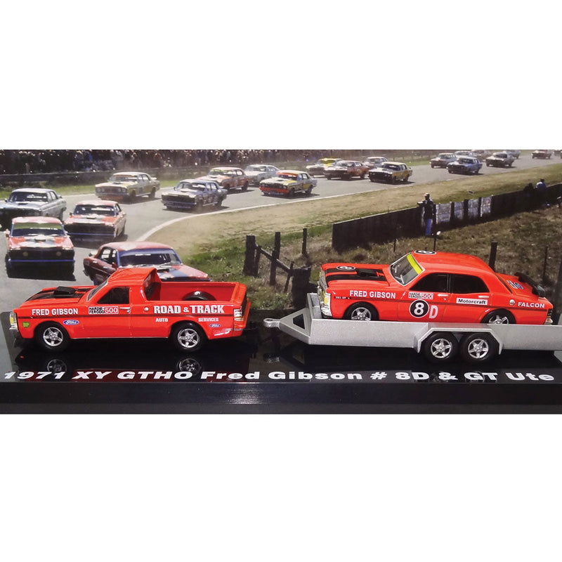AUSSIE ROAD RAGERS 1/64 1971 XY Falcon GT Ute, trailer and GTHO Phase III race car set