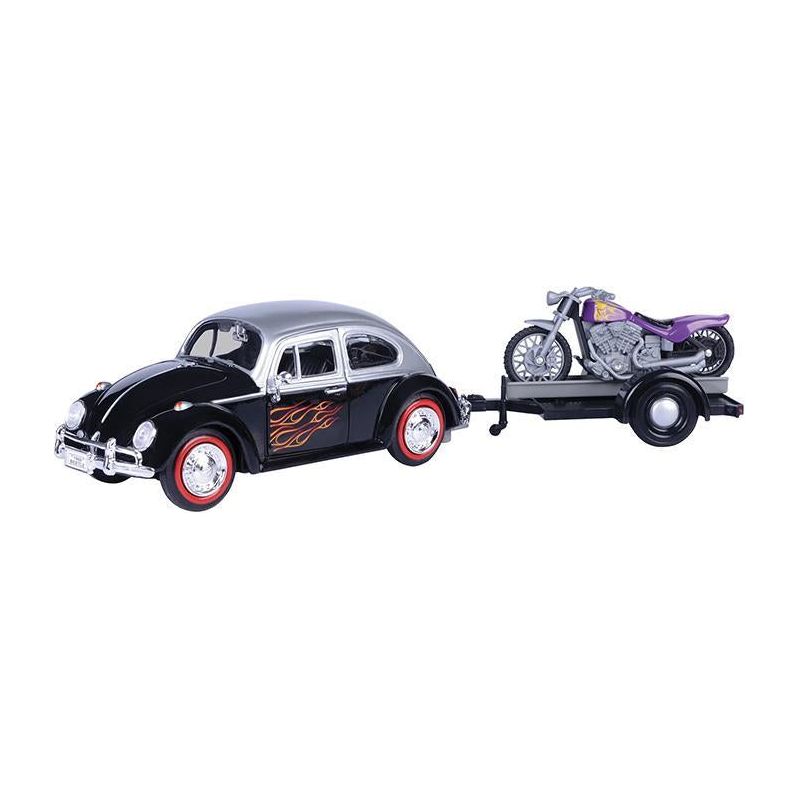 MOTORMAX 1/24 VW Beetle with Motorbike on Trailer