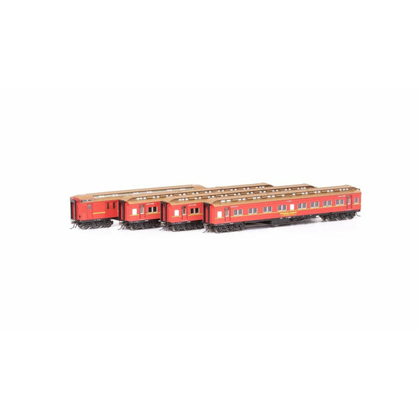AUSCISION HO Steamrail Carriage Red with Yellow Stripe - 4 Car Set