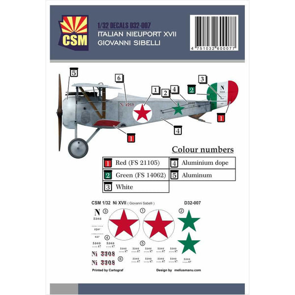 COPPER STATE MODELS DECAL Nieuport XVII, Giovanni Sabelli p